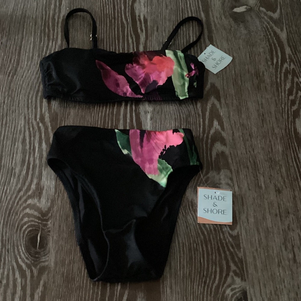 Shade & Shore Black Bikini with Pink and Green Floral